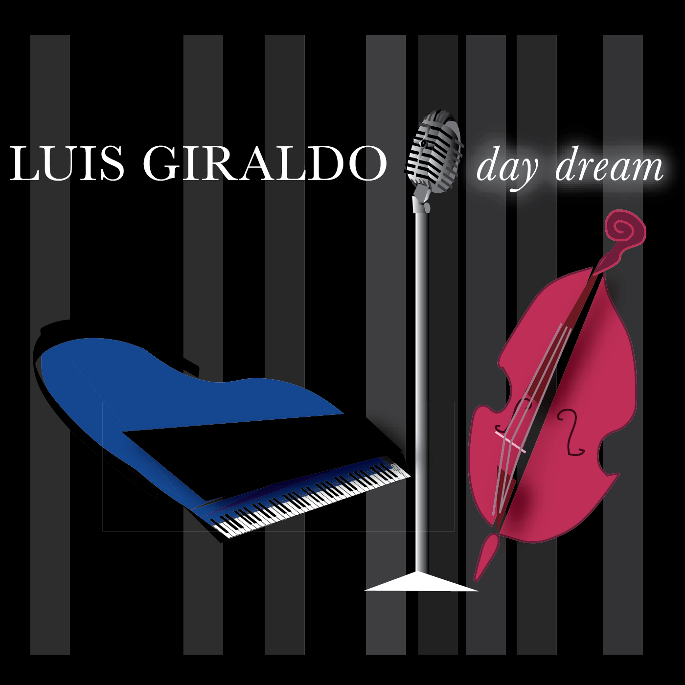 Album cover for Day Dream by Luis Giraldo, featuring illustrated piano, microphone, and contrabass on a striped background